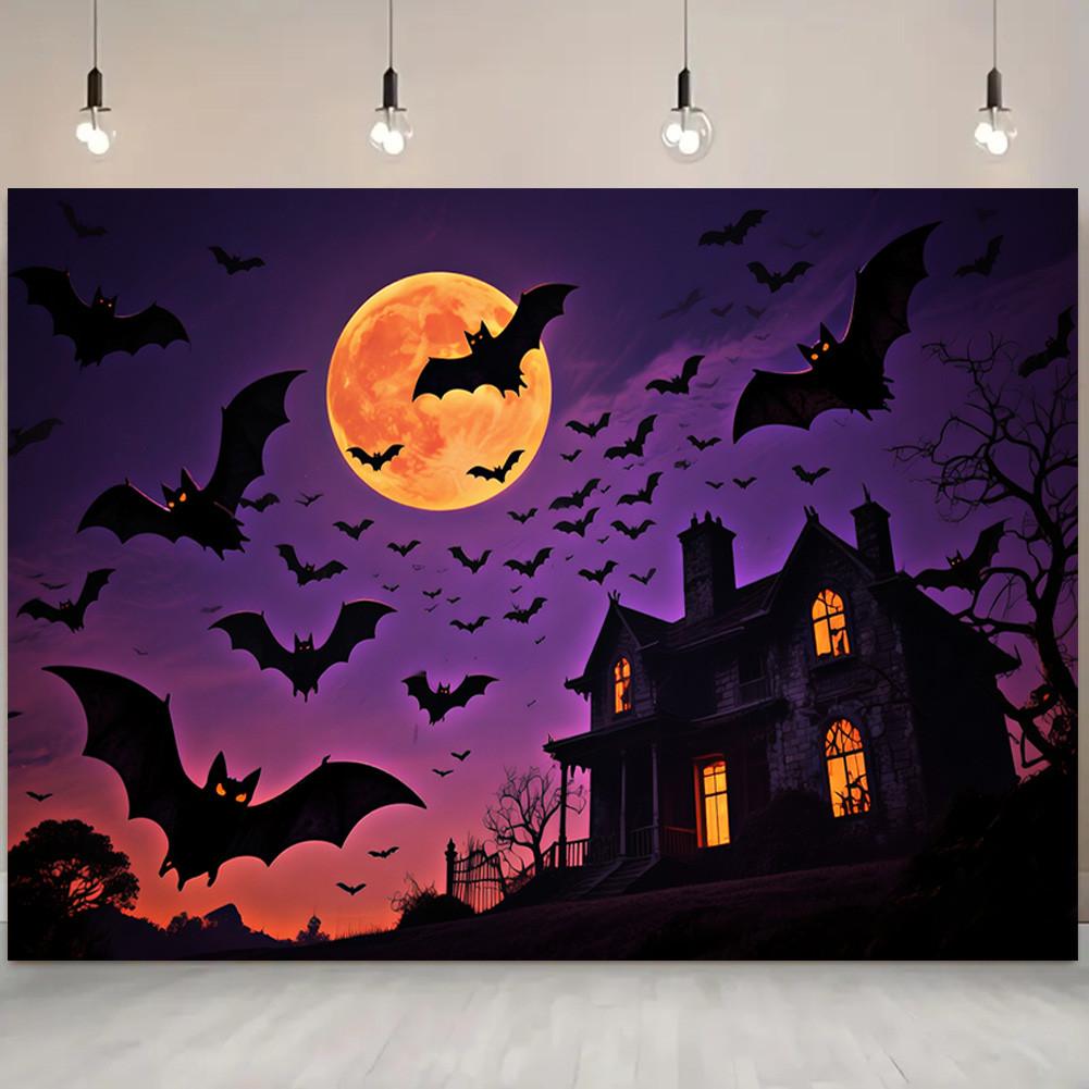 With Castle,Bats,Full Moon Elements-Halloween Backdrop Tapestry for Photo Booth,Party Event,Holiday Celebration,Wall Decor