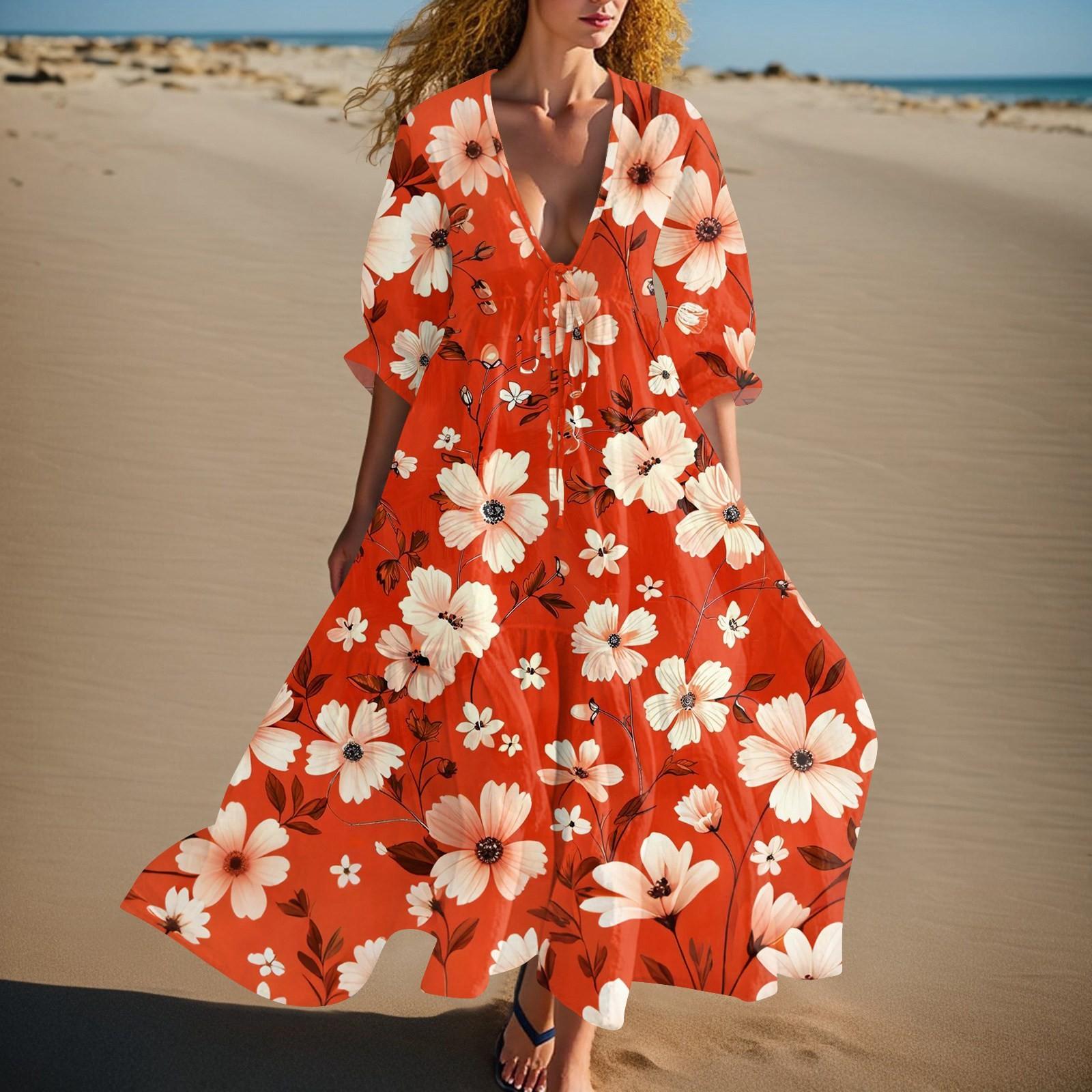 

Женское летнее модное платье с V-образным вырезом, ретро цветочным принтом, короткими рукавами, пляжное платье с кружевной отделкой XXL оранжевый