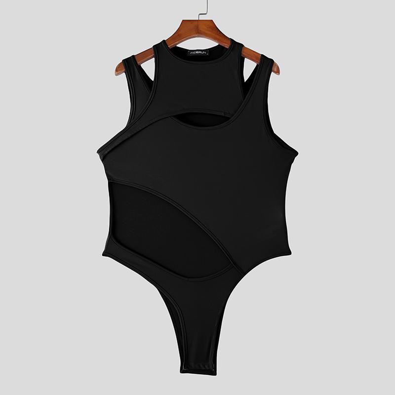 INCERUN Men Sleeveless Cutout Fitted One Piece Briefs Bodysuits Jumpsuits Playsuits 3XL чёрный