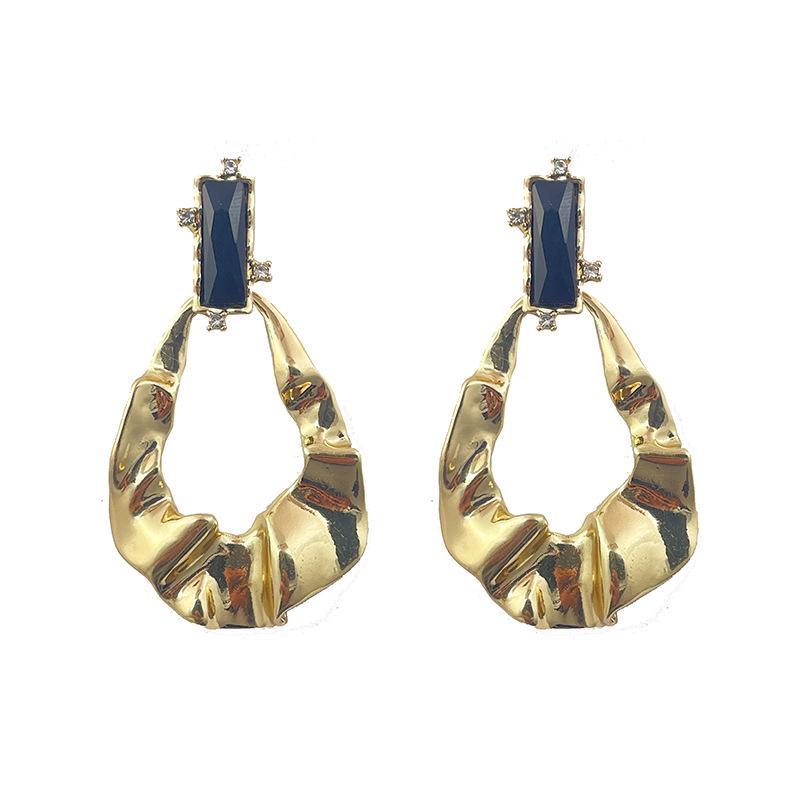 Geometric Diamond Inlaid Metal Pleated Earrings - European & American Exaggerated Design Fashion Jewelry