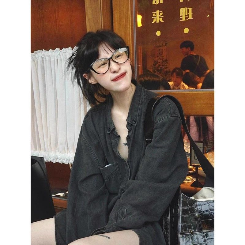 

Black Loose Pure Desire Long Sleeves Niche Style Denim Shirt Black S