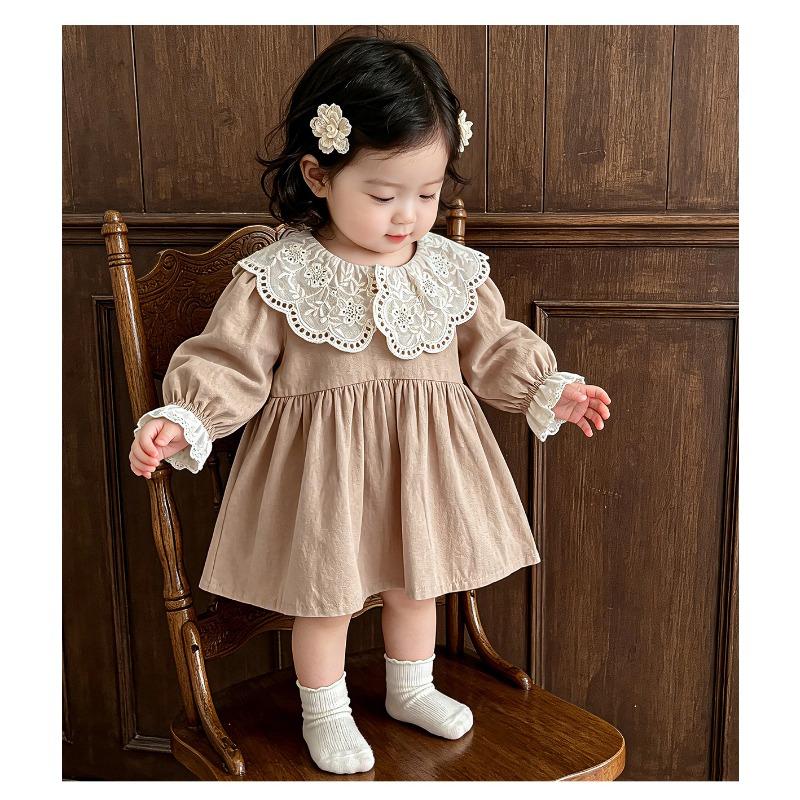 Mädchen Langarm Prinzessinnenkleid Süßer Spitzenkragen Herbst Kinderkleid