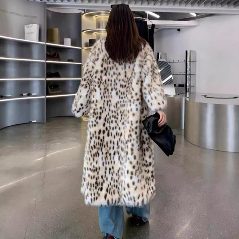 Leopard Print Imitation Fur Coat Women's Large Lapel Loose Imitation Fox Hair Coat Autumn and Winter Thickened Long Mink Hair Coat