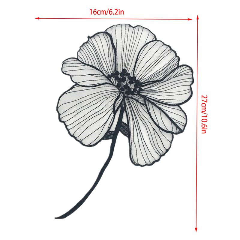 27 cm schwarze Lotusblumen-Stickereiflecken für Kleidung, zum Aufnähen auf Blumenparches, Stickerei-Spitzenapplikationen für Hemden