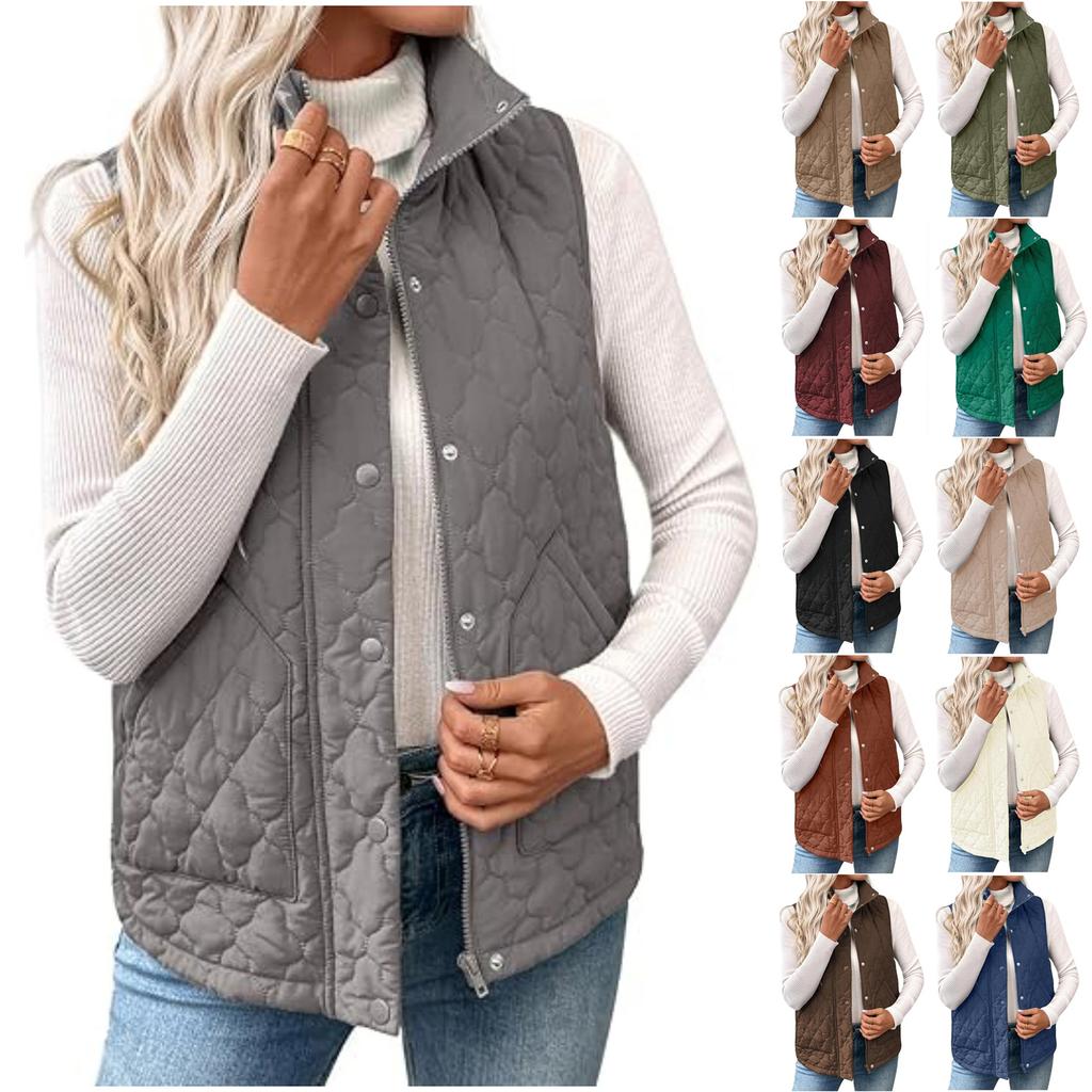 Women's Fashion Quilted Sleeveless Short Vest with Stand Collar Buttons and Zipper