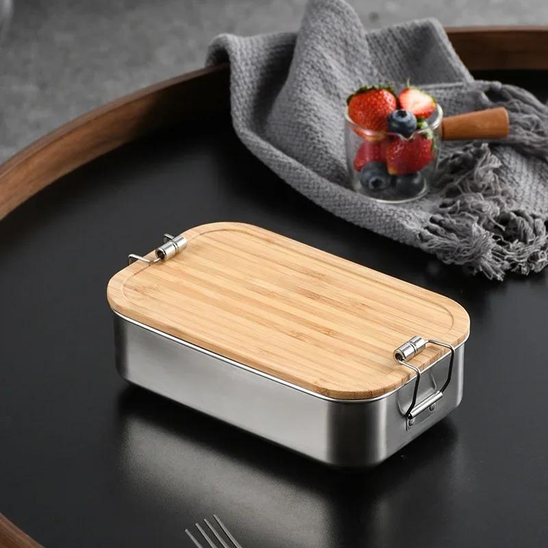 304 Stainless Steel Lunch Box with Bamboo Wooden Lid Japanese Style Bento Box Portable Leak-Proof Picnic Food Storage Container