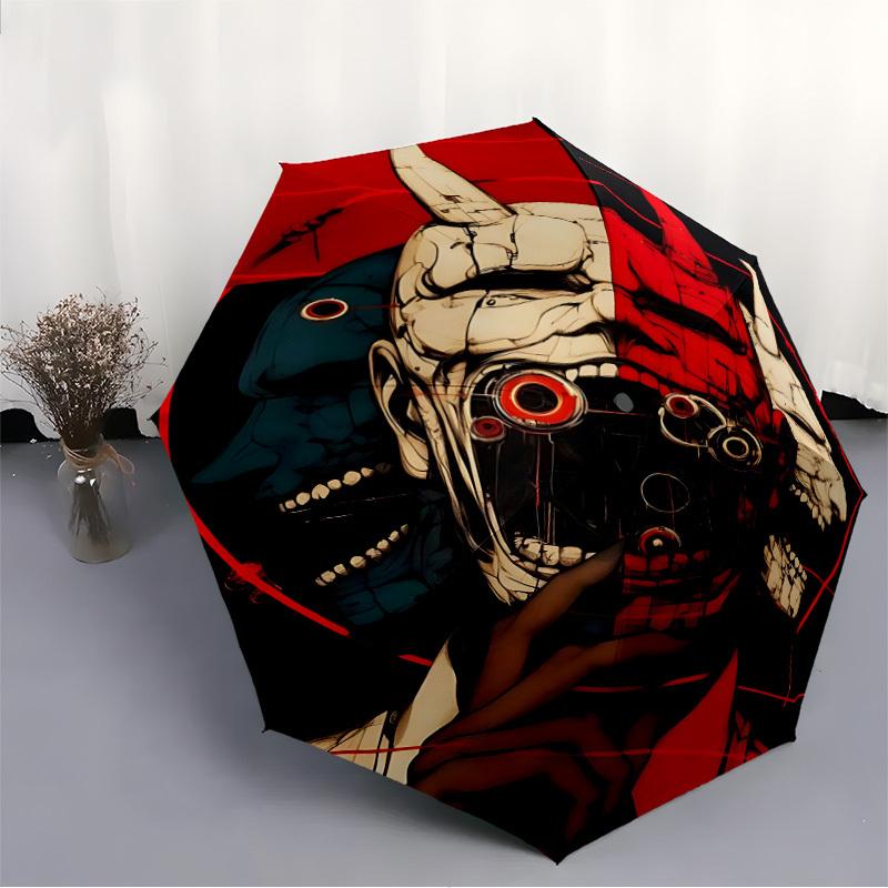 1pc Cyberpunk Mask Automatic Umbrella - 8-Rib Portable Folding Black Iron Frame for Outdoor, Beach, Travel, Beach Umbrella,018