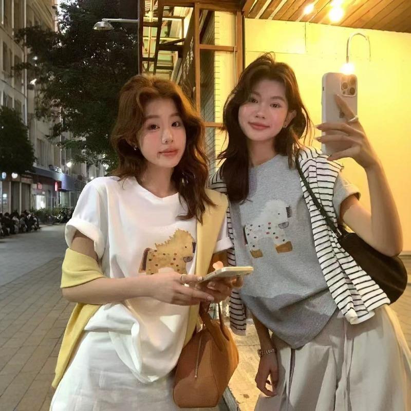 Cartoon Pony Print Short-sleeved T-shirt - Relaxed Style Loose Top