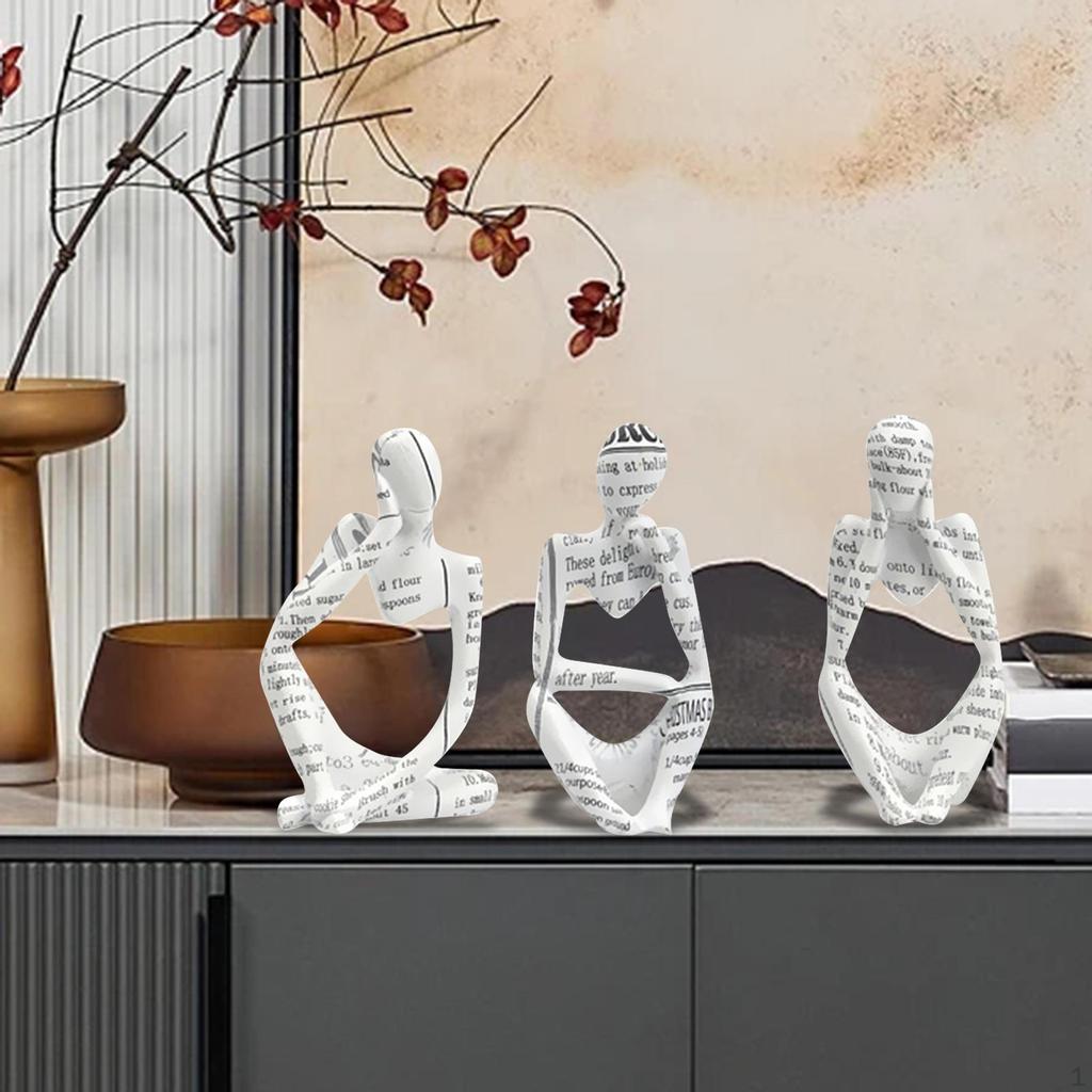 3 Piece Sitting Thinker Statue Modern Resin Figurines Abstract Sculpture for Home Office Study