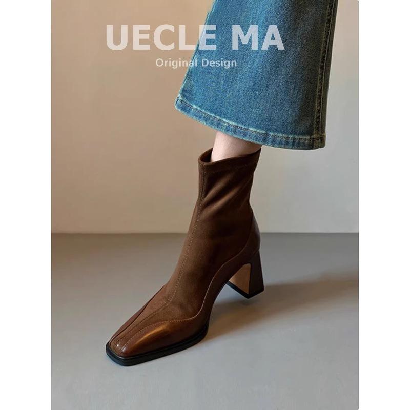 Cowhide~ short boots women's 2025 new leather high heels autumn and winter square head elastic socks boots thick heel French thin boots