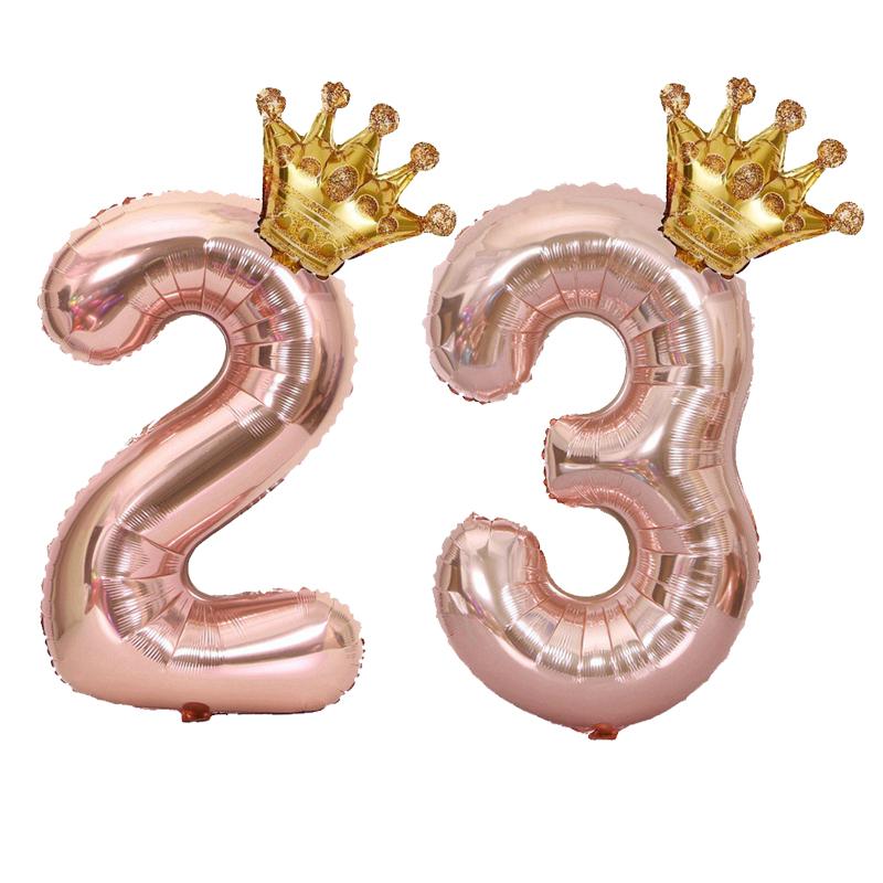 1PC 32 Inch Rose Gold Crown Digital Number Foil Balloons Princess Birthday DecorationParty Wedding Xmas Number Balloon Anniv