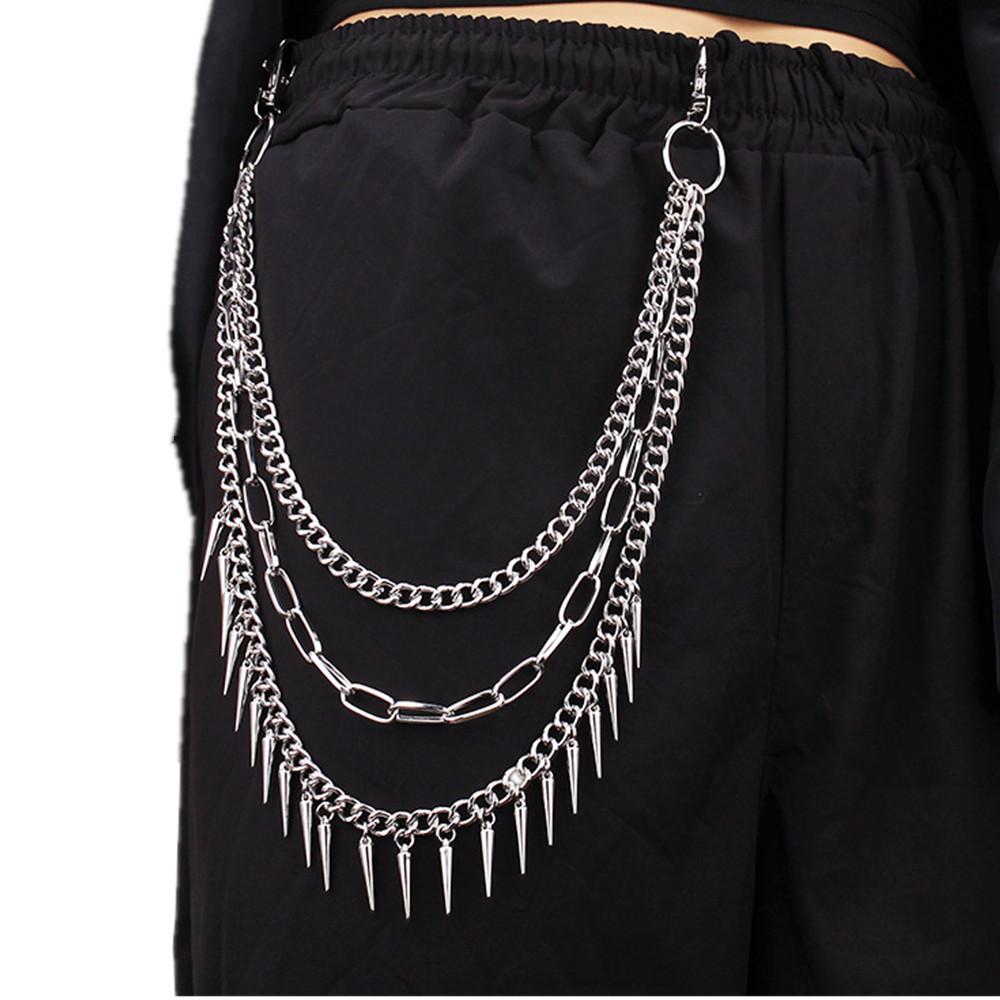 DIEZI Harajuku Vintage Multilayer Jeans Pants Key Chain Ring For Women Men Boys Hip Hop Silver Color Rivet Tassel Chain For Bag