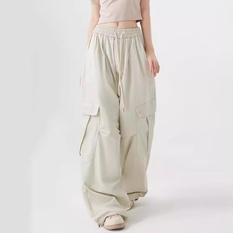 

Весна Осень Эластичная талия Свободные Повседневные Карманы Брюки Карго Женские Простые Модные Однотонные Прямые Брюки L