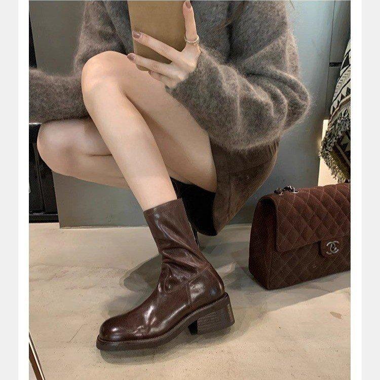 [Ushilai] French thick heel platform short boots women's spring 2025 new retro temperament versatile Martin boots