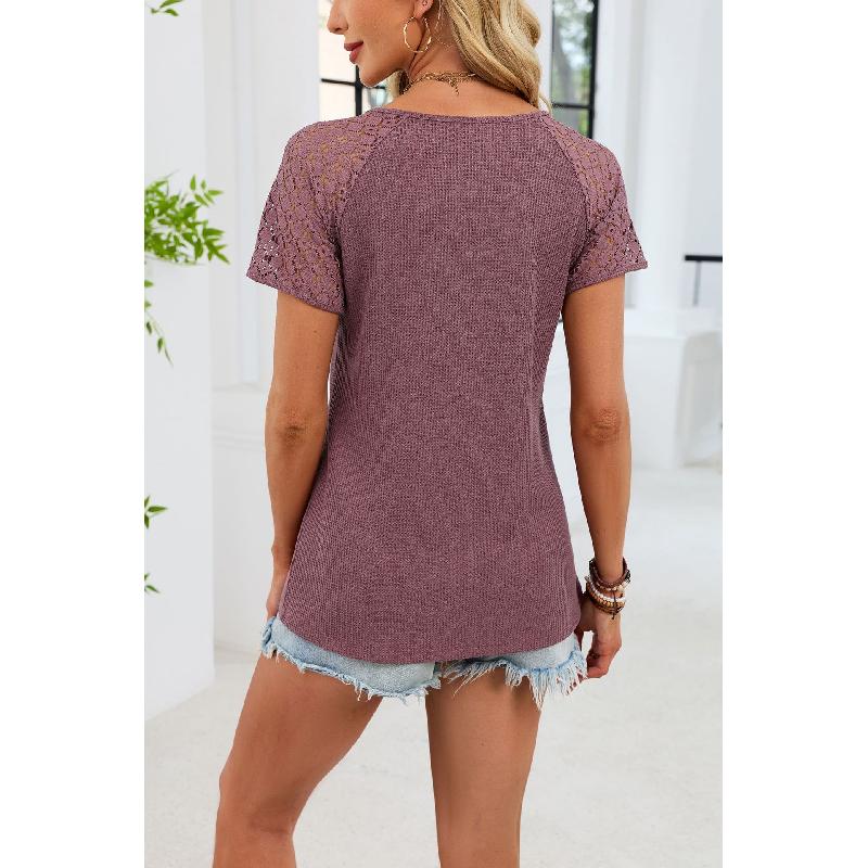 2026 Spring/Summer New Solid Color V-Neck Loose Lace Short-Sleeve T-Shirt for Women