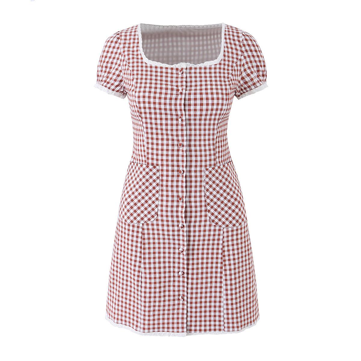 European and American style new women s dress with plaid lace patchwork square collar puff sleeves and hip-hugging dress S