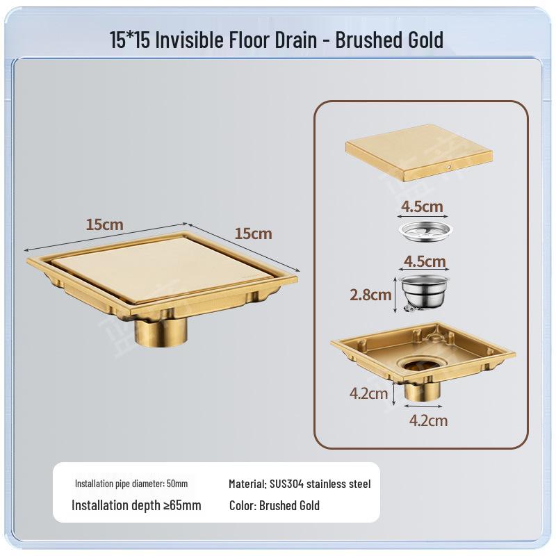 15x15 Odor-Proof Invisible Floor Drain, 304 Stainless Steel, Concealed for Bathroom or Shower Room
