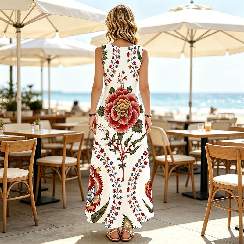 Women's Sleeveless Bohemian Maxi Dress Large Floral Print Lightweight Flowy Slimming Summer Casual Versatile Daily Outing Dress