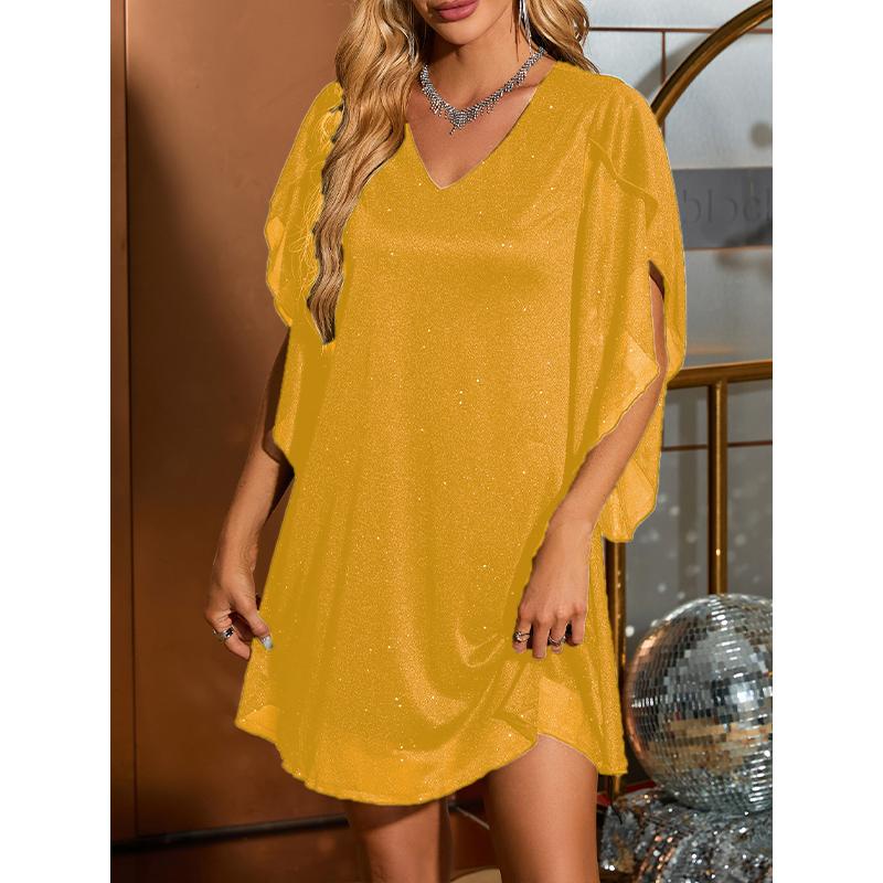 Women's V-Neck Party Dress with Foil Print Short Sleeve Elegant Evening Gown Holiday Celebration