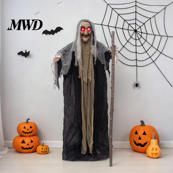Motion Sensor Haunted Props Halloween Scary Animatronics Witch Decoration, Sound Activated Standing with Creepy Secret Room Accessories Voice, Horror