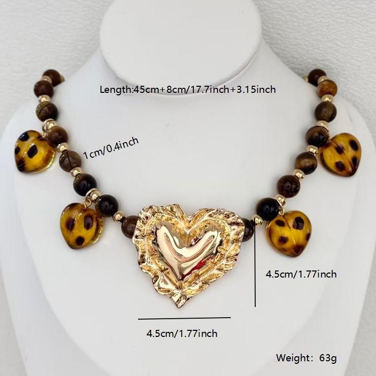 Hot Sale Big Alloy Love Acrylic Leopard Print Love Bead Tiger Eye Stone Necklace