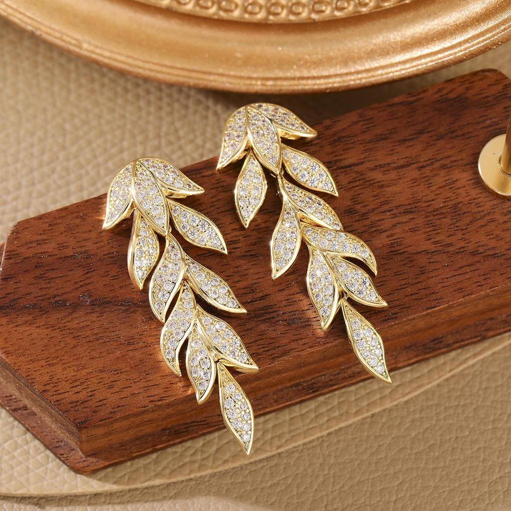Elegant Micro-Inlaid Zirconia Leaf Earrings - Light Luxury, European & American Style Long Drops