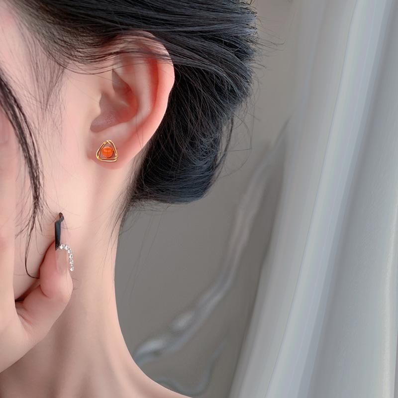 Double-layer Triangular Earrings for Women's Chinese Style Red Agate Daily Versatile Earrings