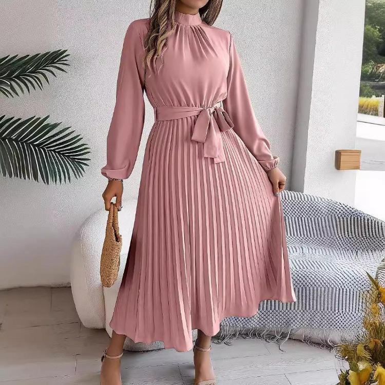 Women Long Sleeve A Line Dress High Waist Stand Collar Pleated Solid Long Dress Autumn Winter Sizes S To XXXL