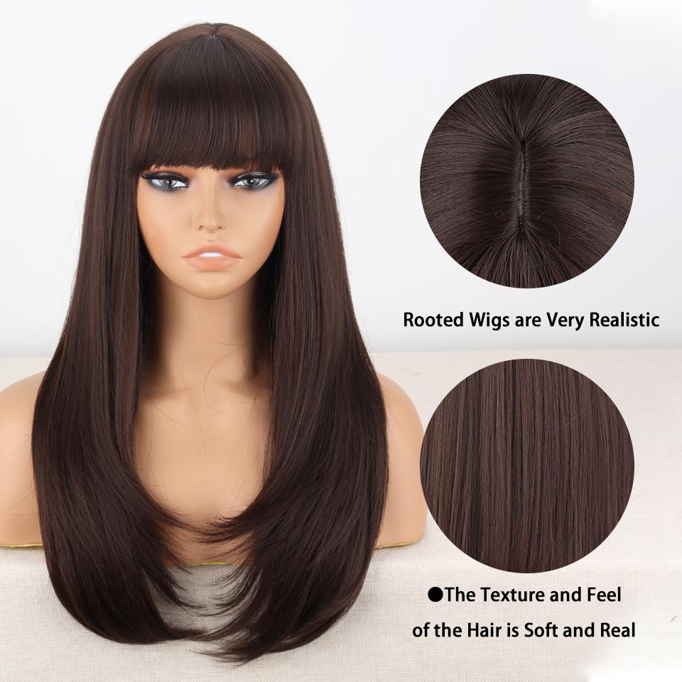 LISI HAIR Dámská přírodní rovná hnědá paruka s ofinou Syntetické vlákno Přírodní vlnitá vrstvená paruka Cosplay Denní nošení