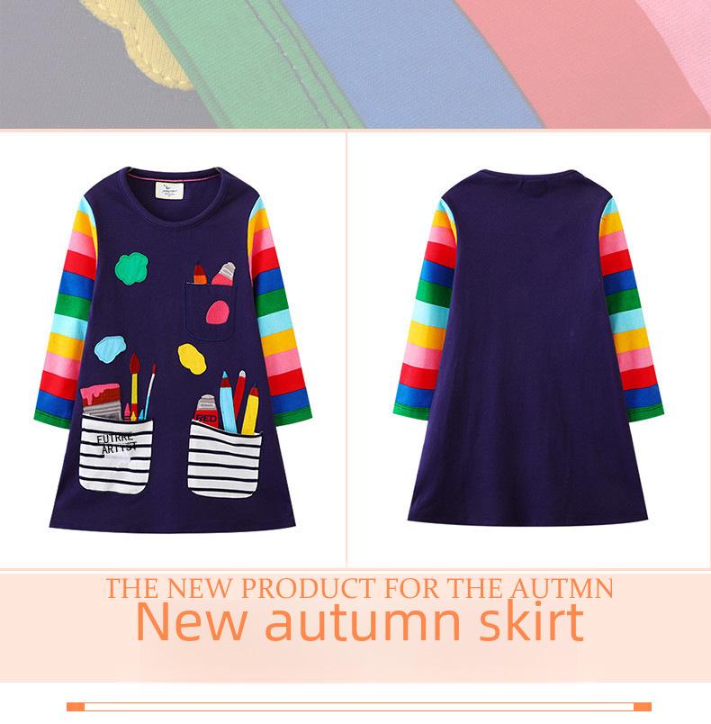 Kurzärmliges A-Linien-Kleid aus Baumwolle für Mädchen mit bestickter Tasche