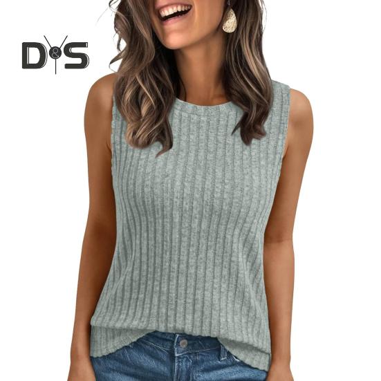 Women Tops Round Neck Sleeveless Slim Fit Knitted Tops Solid Color Elastic Ribbed Tank Tops Daily Wear