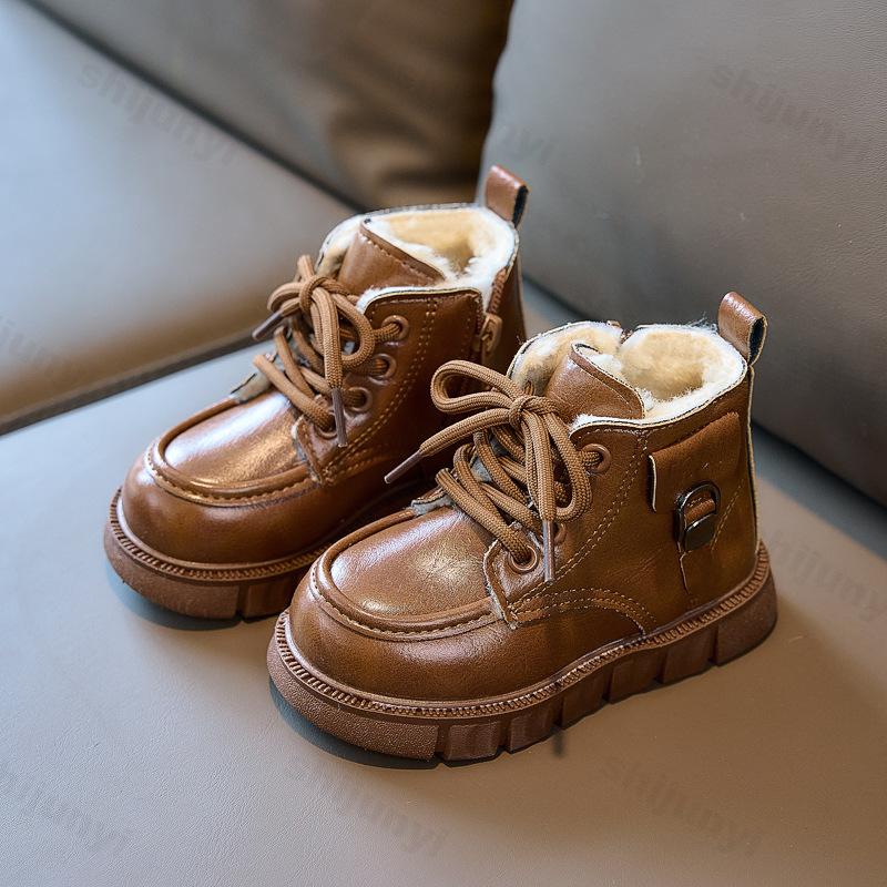 Winter Children PU Leather Plush Boots Warm Boy's Girl's Anti-slippery Snow Boots Kid's Vintage Toddler Cotton Shoes
