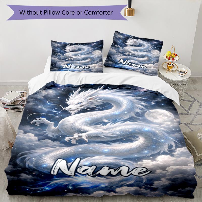 3pcs Custom Name Dragon Bedding Set Duvet Cover Closure Includes 1 Duvet Cover & 2 Pillowcases, Soft and Comfortable for All Seasons.