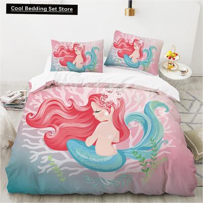 Funda Nórdica de Sirena Niña Rey Reina Dibujos Animados Hermoso Encantador Estampado de Princesa Sirena Juego de Ropa de Cama Niño 2/3 Piezas Poliéster Funda de Colcha