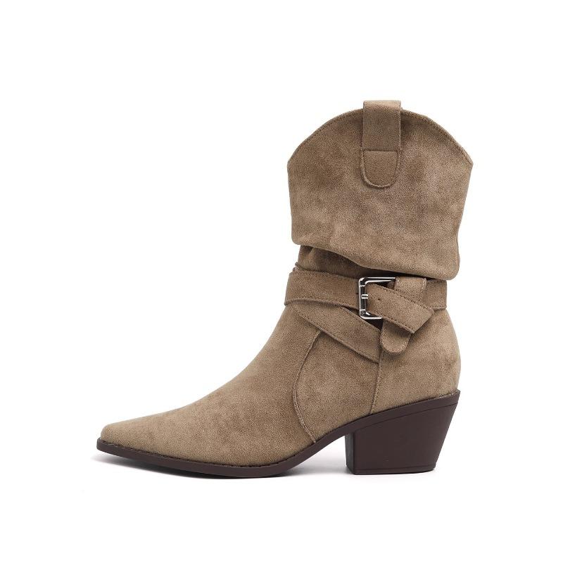 Cowhide Merad Western Cowboy Boots Pleated Pile Boots Pointed Coarse Heel Knight Boots Medium Boots Kids Martin Boots