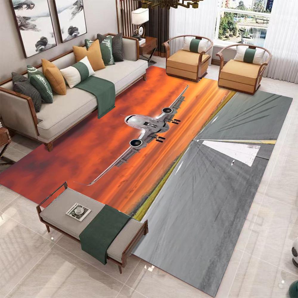 Large Airplane Taxiing on Runway Carpet with Orange Yellow Sky Living Room Area Rug Match Light Gray  Home Decoration Ma