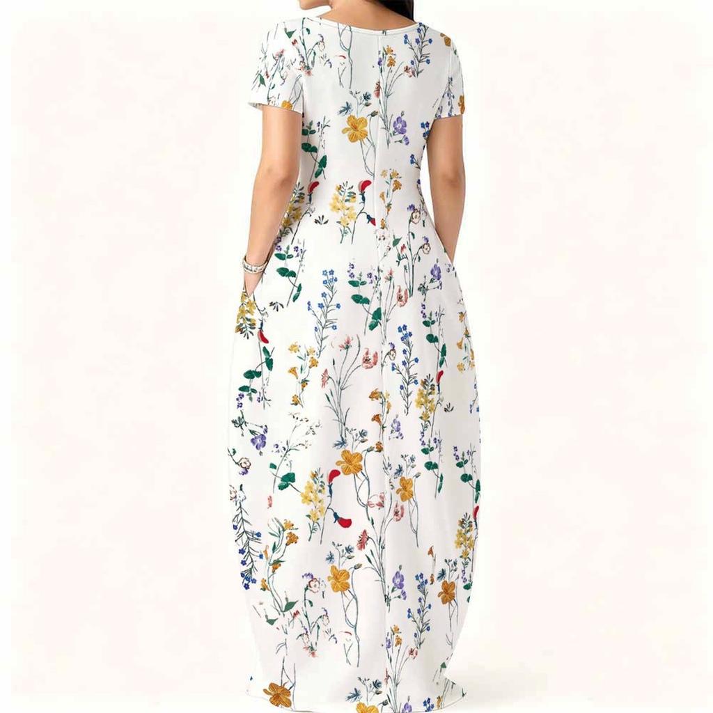 Plus Size Women Summer Dress Crew Neck Short Sleeve Loose Fit Apparel For Casual Home And Outdoor Walking