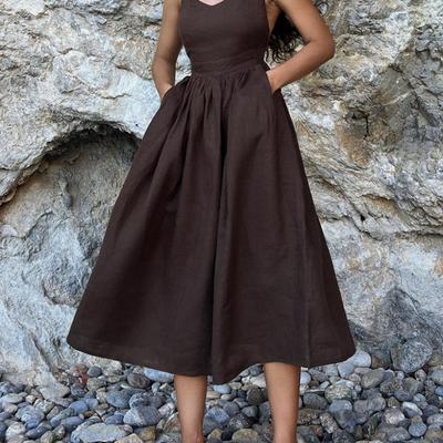 Estilo Vacaciones Francesas Sexy Deseo Puro Algodón Lino Atado Espalda Vestido de Tirantes sin Espalda Artículo Caliente para Mujer