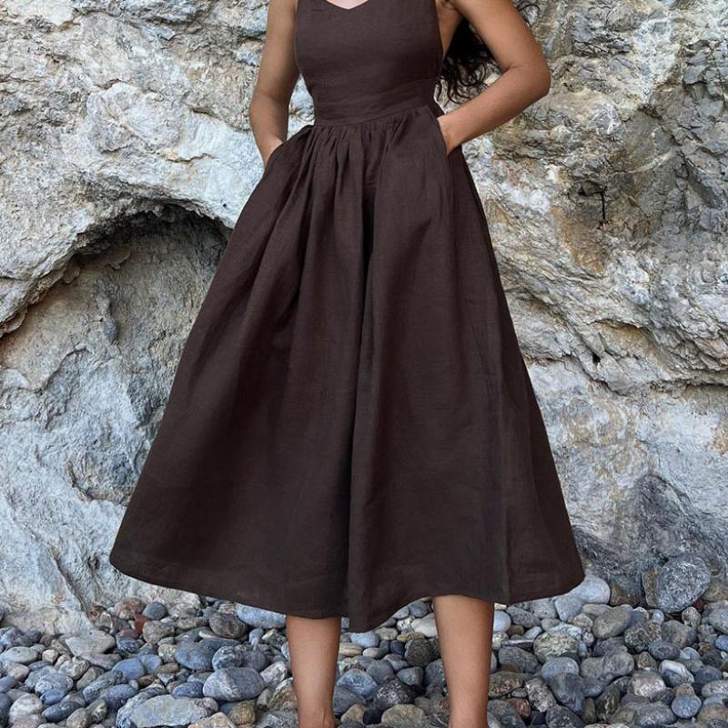 French Vacation Style Sexy Pure Desire Cotton Linen Tie Backless Strap Dress Women's Hot Item