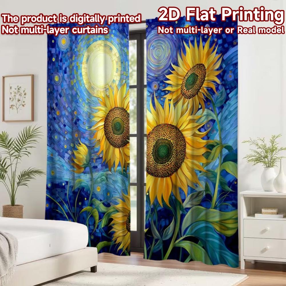 2D Flachdruck 2 Stück Vorhang Partyvorhang Sternennacht Sonnenblumen Digitalbedruckte Polyester Vorhänge Ganzjahres Party & Feiertag