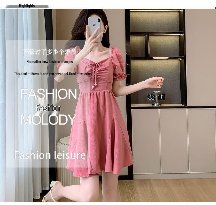 2025 French Chic Puff Sleeve Petite Slimming Short Dress with Cinched Waist
