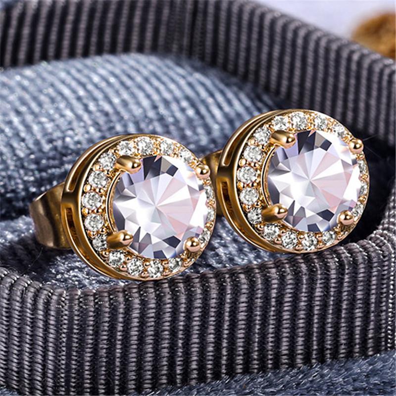 Female Luxury Crystal Round Stud Earrings Vintage  Sterling  Wedding Jewelry White Zircon Stone Earrings For Women