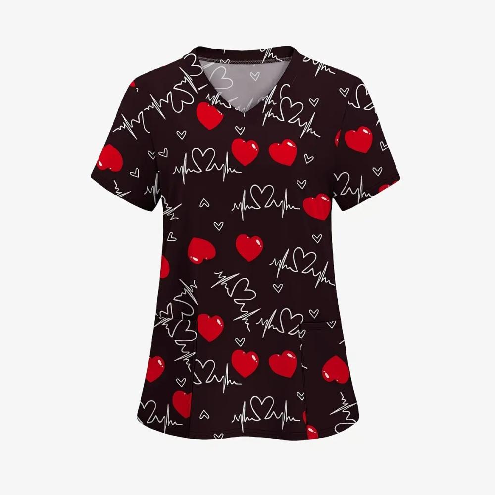 Fashion Heart Print Surgical Uniforms Woman V-Neck Health Care Clinical Uniform Summer Short Sleeve with Pockets Scrubs Woman