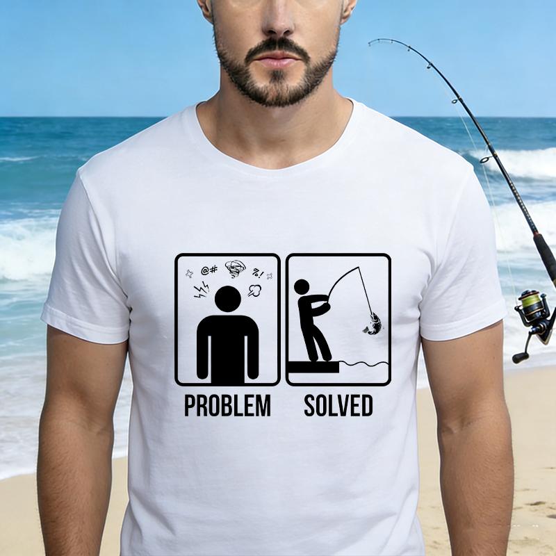 

Funny Problem Solved Fishing Graphic Tops Men s T-Shirt, Humorous Angler Stress Relief Print Short Sleeve Tees for Fishing Lover 5XL різнокольоровий
