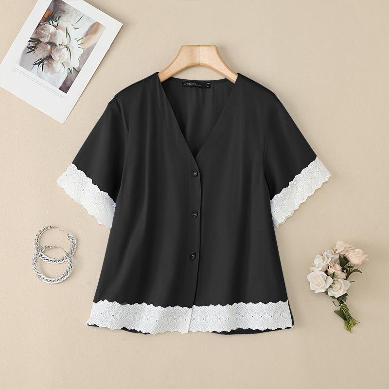 ZANZEA Women Casual V-neck Lace Patchwork Short Sleeve Loose Blouse