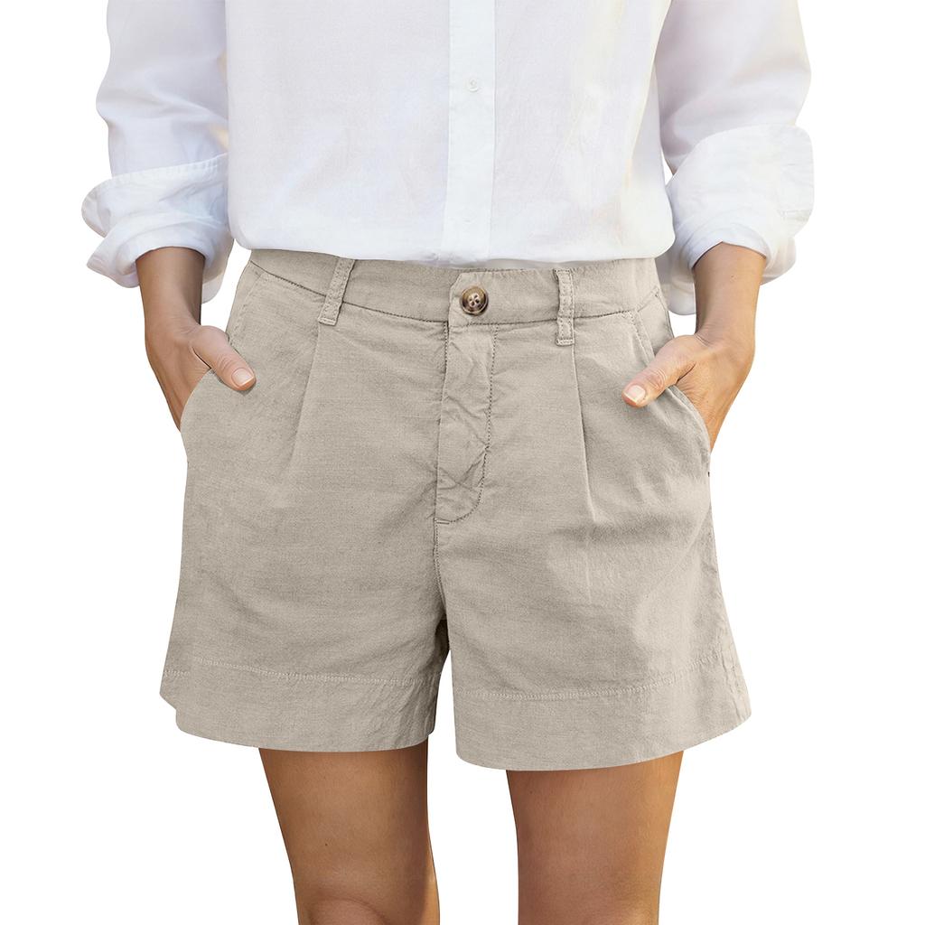 Women's Cotton And Linen Shorts, With Pockets, Button Closure, Business Casual .