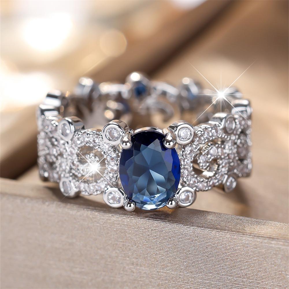 Blue Crystal Oval Stone White Zircon Rings For Women Vintage CopperColor Engagement Bands Wedding Jewelry Bridal Versatile Gift