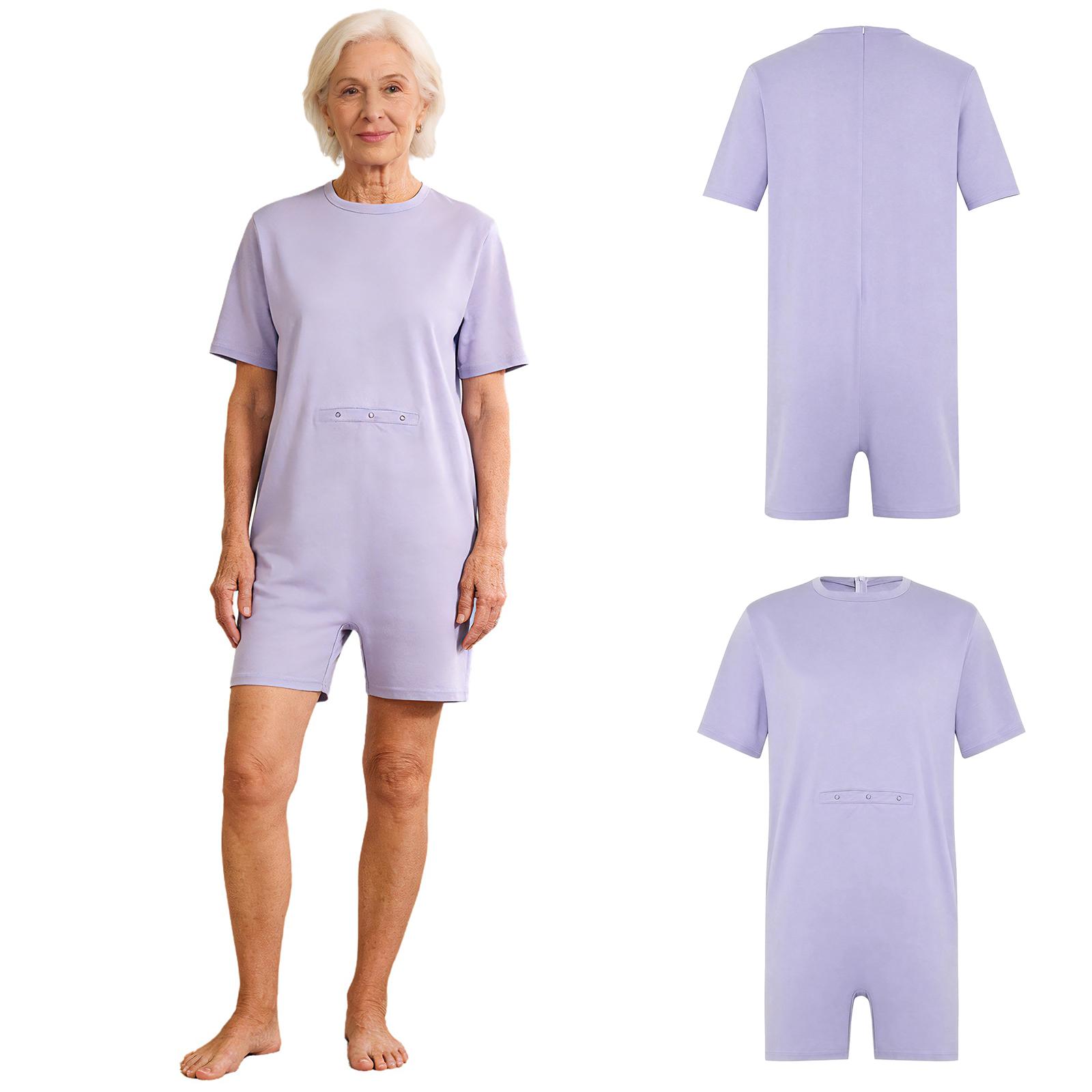 Spezieller adaptiver Romper für Frauen, kurzärmelig, mit Shorts, Reißverschluss hinten, Bodysuit mit Zugang für Ernährungssonde für die tägliche Pflege S gray