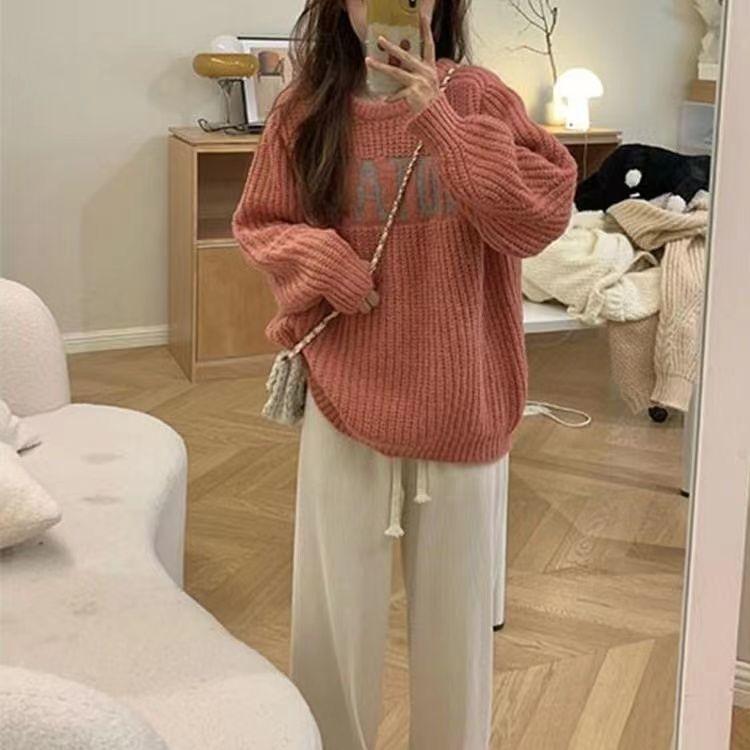 Women's Lazy Style Letter Pullover Sweater Autumn Winter High-End Soft Style Chunky Knit Top Sweet Thickened