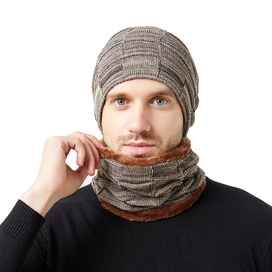 Autumn and Winter Men's Hats Two-color Square Plus Velvet Knitted Hats and Scarves Two-piece Set Couple Style Pile Hats